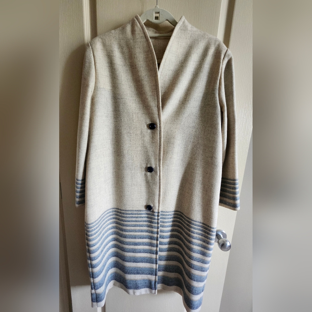 HANDMADE Cream and Blue Women's Long Jacket | Sweater. Size S-M Petite